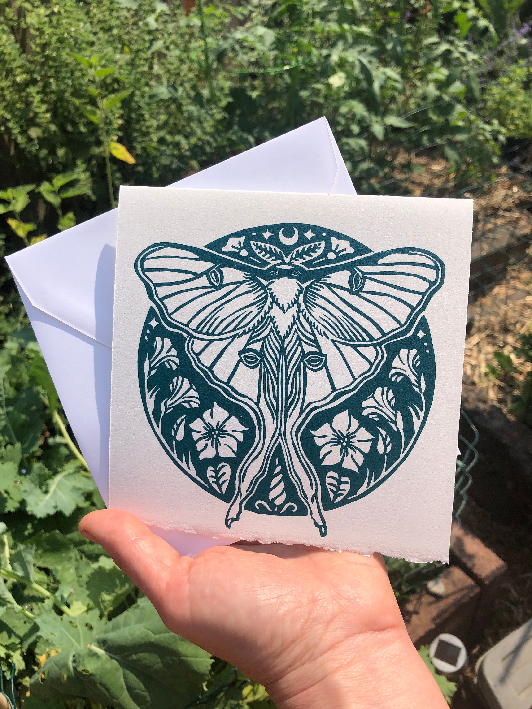 Linocut Notes Luna Moth Linocut Note Card- Handmade Card- 5.25