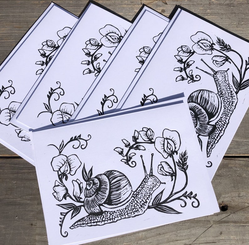 Linocut Notes 5 Pack- Original Linocut Print Note Cards- Snail and Sweet Pea- Spring ...