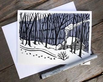 Tarjeta original con impresión en linóleo - Cabaña en el bosque - 12,7 x 18,8 cm, blanco, 50 kg. Cartulina de archivo.
