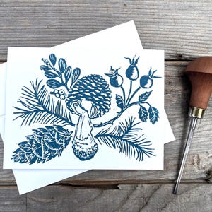 Original Linocut Print Solstice Card- Amanita Mushroom w/ Winter Botanicals- 4.25" x 5.5"- White Cardstock