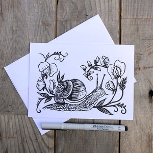 Snail and Sweet Pea- Original Linocut Print Greeting Card- Valentine's Day Card- Birthday Card- Easter Card- Spring Card- White- 5" x 7"