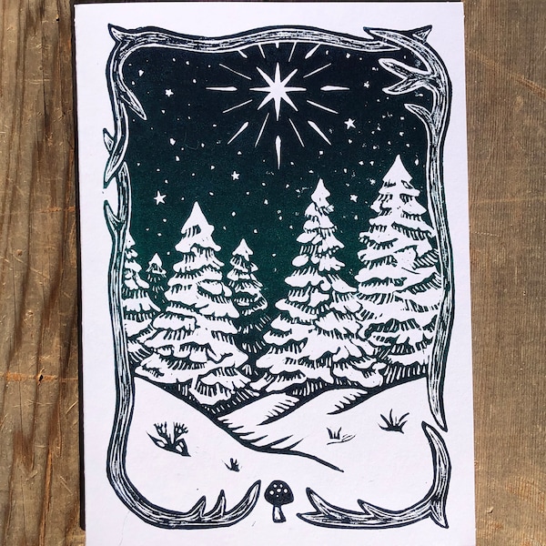 Original Linoldruck Sonnenwende Karte - Winter Nacht mit Nadelbäumen - 12,7 cm x 18,5 cm - Weiß 110 lbs. Fotokarton
