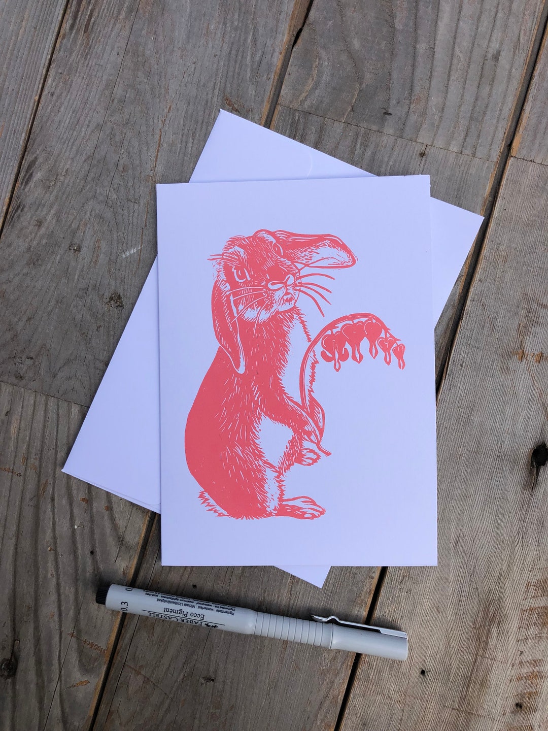 Linocut Notes Original Linocut Print Note Card- Rabbit and Bleeding Heart Flowers in ...