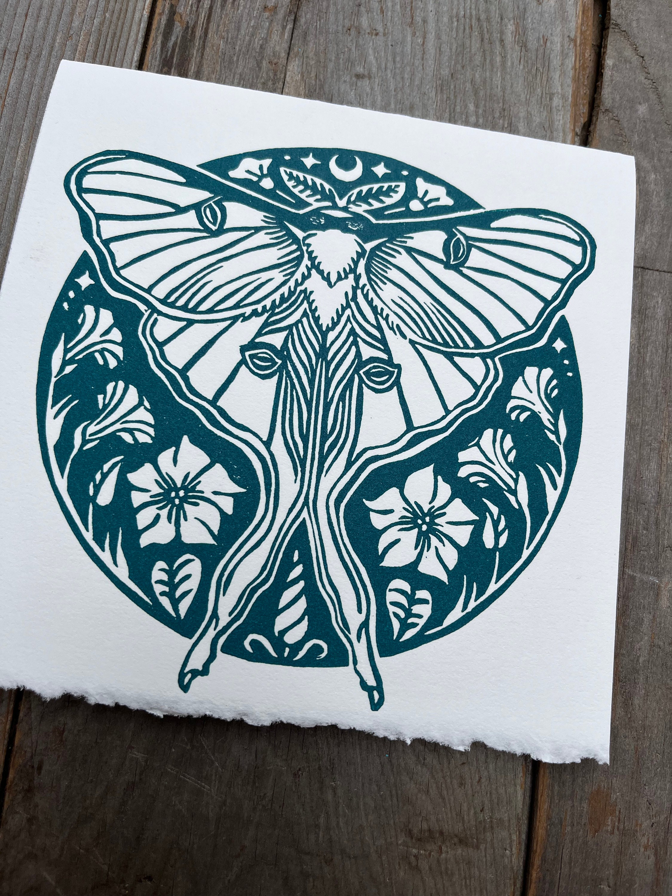 Linocut Notes Luna Moth Linocut Note Card- Handmade Card- 5.25