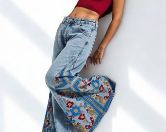 Patchwork denim flared jeans boho hoge taille wijde pijpen broek
