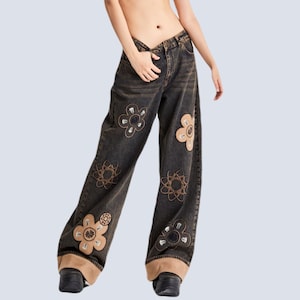 Women’s Wide Leg Embroidered Jeans – Handcrafted Vintage Wash Denim with Boho Floral Appliqué | Statement Streetwear Pants