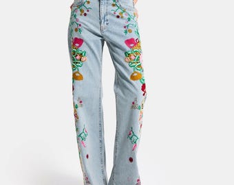 Floral Embroidered Jeans High Waist Light Wash 100% Cotton Denim