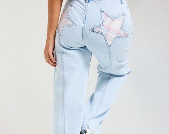 Light Wash Star Patch Straight Leg Jeans, High Waist Y2K Denim Pants