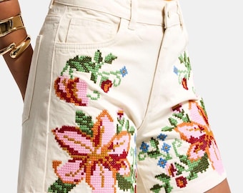 刺繍入りデニムショートパンツ、ハイウエスト、花柄クロスステッチ、ボヘミアンサマーコットン、ヴィンテージスタイル