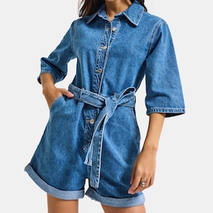 Denim Romper Women  Belted Denim Jumpsuit Short Sleeve Jean Romper Button Front Playsuit  Casual Chic Summer Outfit