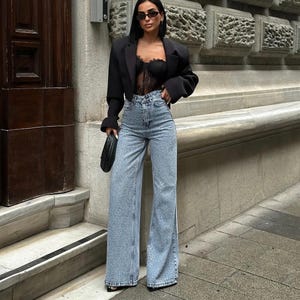 Jean Femme Palazzo Bleu – Pantalon Taille Haute avec Strass Faits Main – エレガントでブリリアントなスタイル