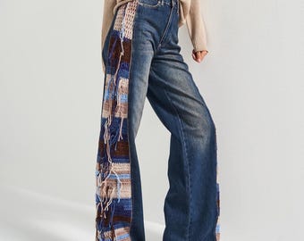 Jeans in denim a gamba larga fatti a mano, patchwork all'uncinetto, pantaloni boho