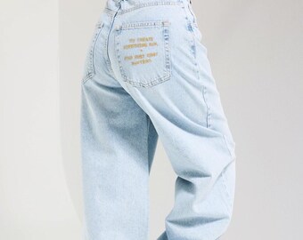 Light Wash Balloon Fit Jeans, High Waist Loose Denim, Minimalist Casual Pants