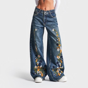 Boho Floral Embroidered Wide Leg Jeans High Waist Baggy Denim Pants