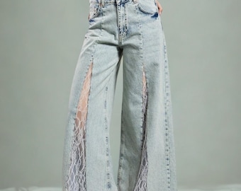Handmade Denim Palazzo Jeans Blue Lace Insert, Boho Style