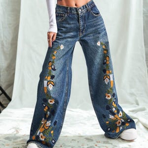 Women&#39;s Handmade palazzo-cut denim jeans with colorful embroidery boho jeans