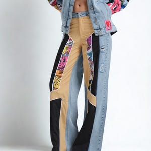Patchwork Street Style women’s Jeans – Colorblock Wide Leg Denim with Artistic Prints Y2K Retro Aesthetic Pants – boho jeans
