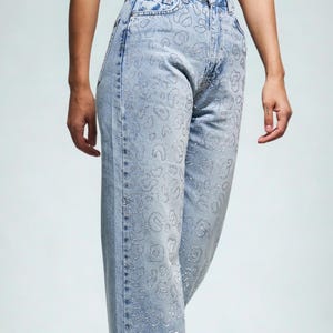 Jean femme Palazzo bleu strass avec détails scintillants faits main