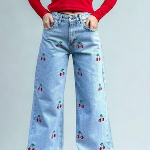 Pantalon baggy brodé cerises pour femme Pantalons en jean bleu vintage bow jeans