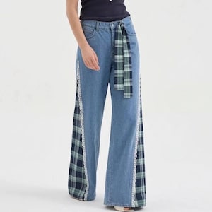 Wide Leg Plaid Panel Jeans | High Waist Denim Trousers with Lace Trim