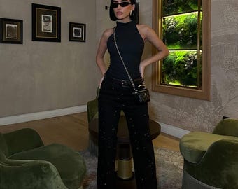 Handmade sparkle black Embellished Flared Jeans – High Waist Statement Denim