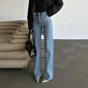 Jean Femme Palazzo Bleu – Pantalon Taille Haute avec Strass Faits Main – エレガントでブリリアントなスタイル