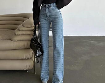 Handmade Rhinestone High Waist Palazzo Jeans - Elegant Turkish Denim