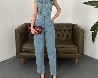 Light Blue Denim Jumpsuit, Short Sleeve Wide Leg, Casual Chic