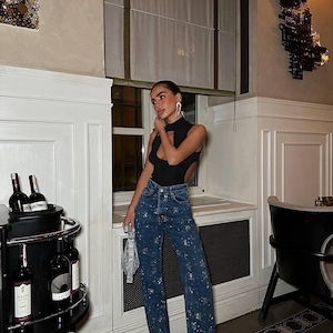 Jean femme Palazzo bleu strass avec détails scintillants faits main