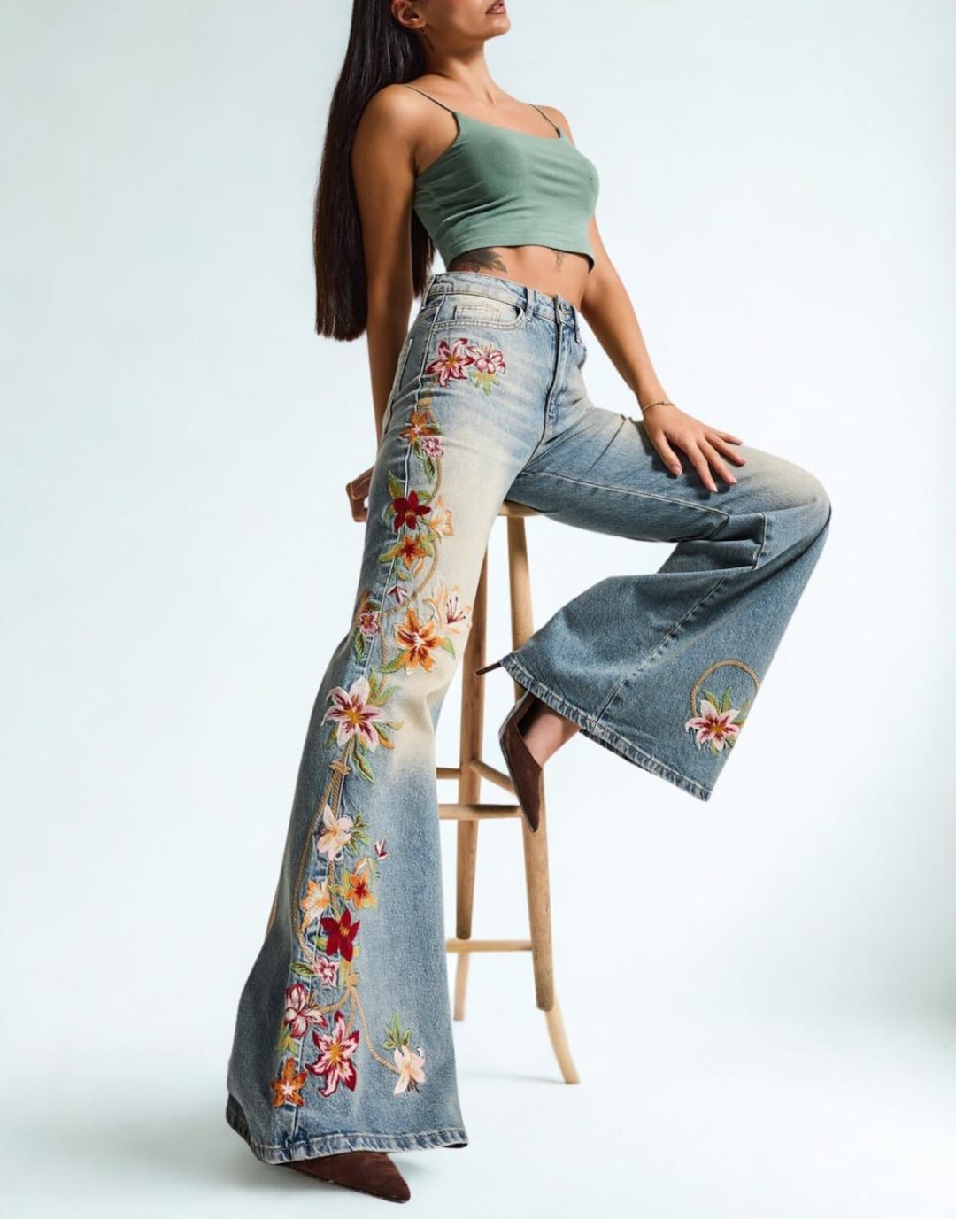 Handmade Floral Embroidered Wide Leg Jeans Boho Denim - Etsy