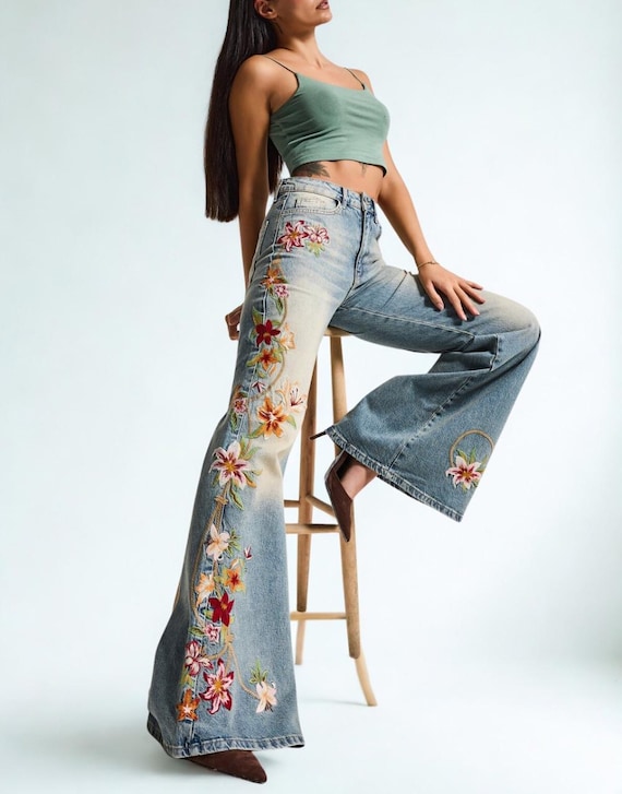 Handmade Floral Embroidered Wide Leg Jeans Boho Denim - Etsy