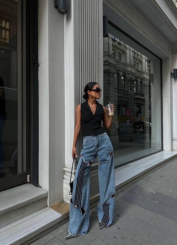 Y2K Distressed Wide-leg Jeans Striped Patchwork, Edgy Streetwear 