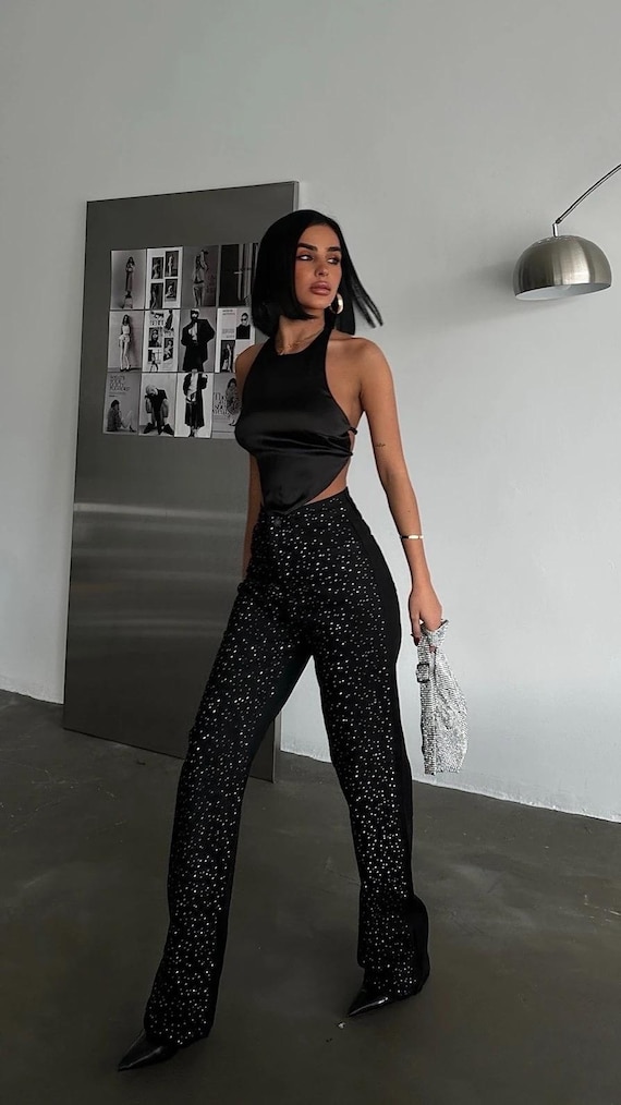 Handmade Black Palazzo Jeans Rhinestone Detail, Sparkly Stone Accents