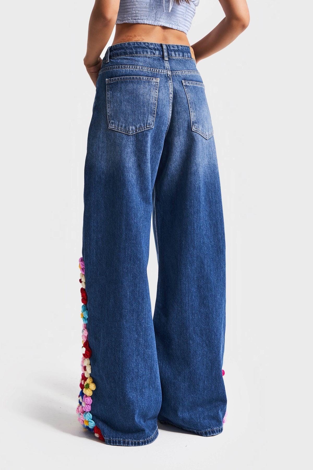 パンツ POEME BOHEMIAN tightfit long denim pants Women's Wide-leg Denim Jeans With Crochet Flowers Handmade Boho
