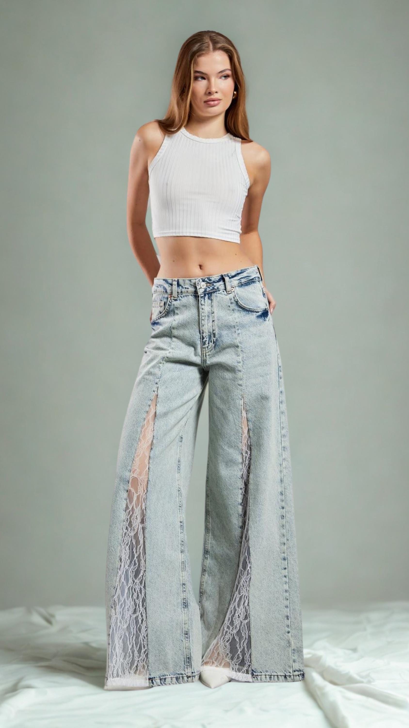 Handmade Denim Palazzo Jeans Blue Lace Insert, Boho Style