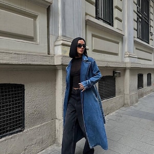 Handmade Blue Denim Trench Coat Long Oversized Street Style Jacket