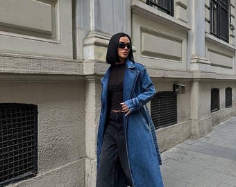 Handgemaakte blauwe denim trenchcoat voor dames, oversized lange spijkerjas, streetwear