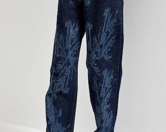 Hand Embroidered Rhinestone blue Jeans Artisan Denim, Limited Edition