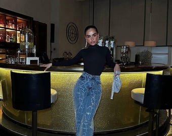 Handmade Palazzo blue jeans High-Waisted Wide-Legwomen’s  Jeans with Crystal Detailing