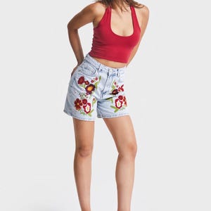 Women’s High-Waisted Embroidered Denim Shorts | Floral Boho Summer Jean Shorts
