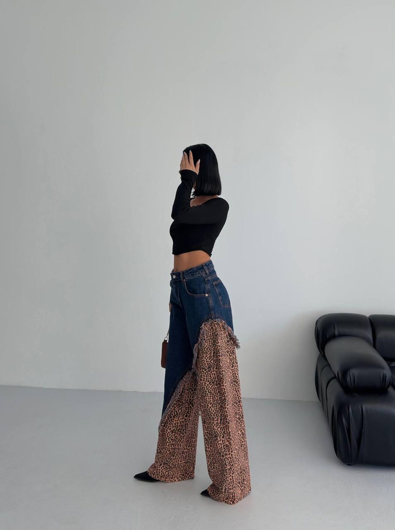 denim wide-leg casual patchwork python pants | wide... Women’s Wide Leg Denim Jeans With Leopard Print Contrast – Statement ...
