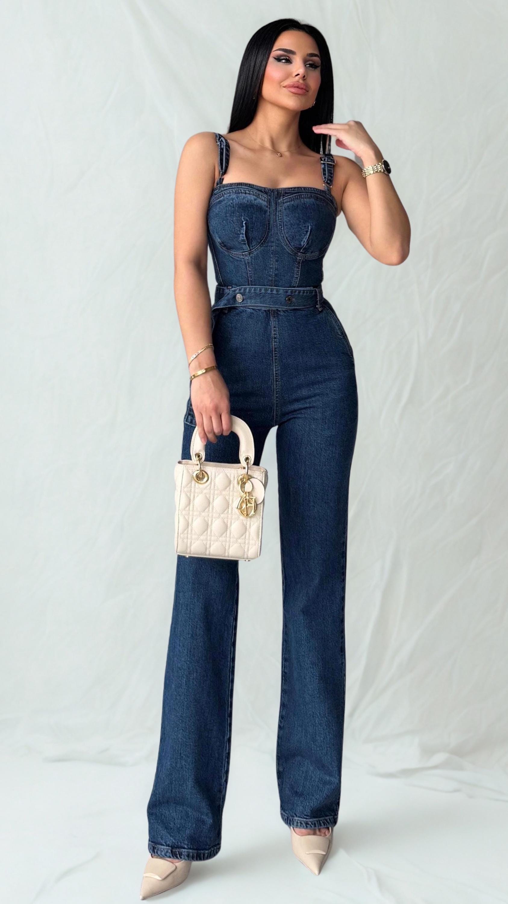 Nouvelle combinaison vintage élégante en denim faite main pour femmes, Combinaison en jean à lanières détaillée avec ceinture