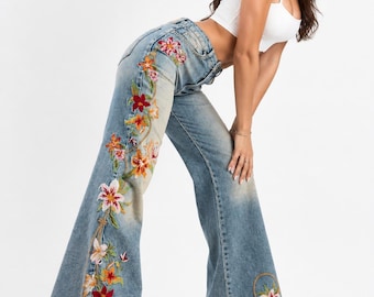 Handmade Floral Embroidered Wide Leg Jeans Boho Denim