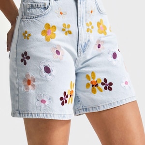 Women’s High-Waisted Embroidered Denim Shorts | Floral Boho Summer Jean Shorts