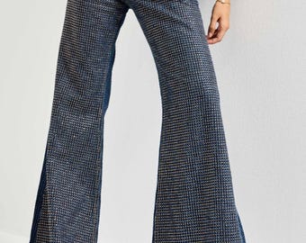 Hand Embroidered Rhinestone Brilliant stone effect striped palazzo jeans