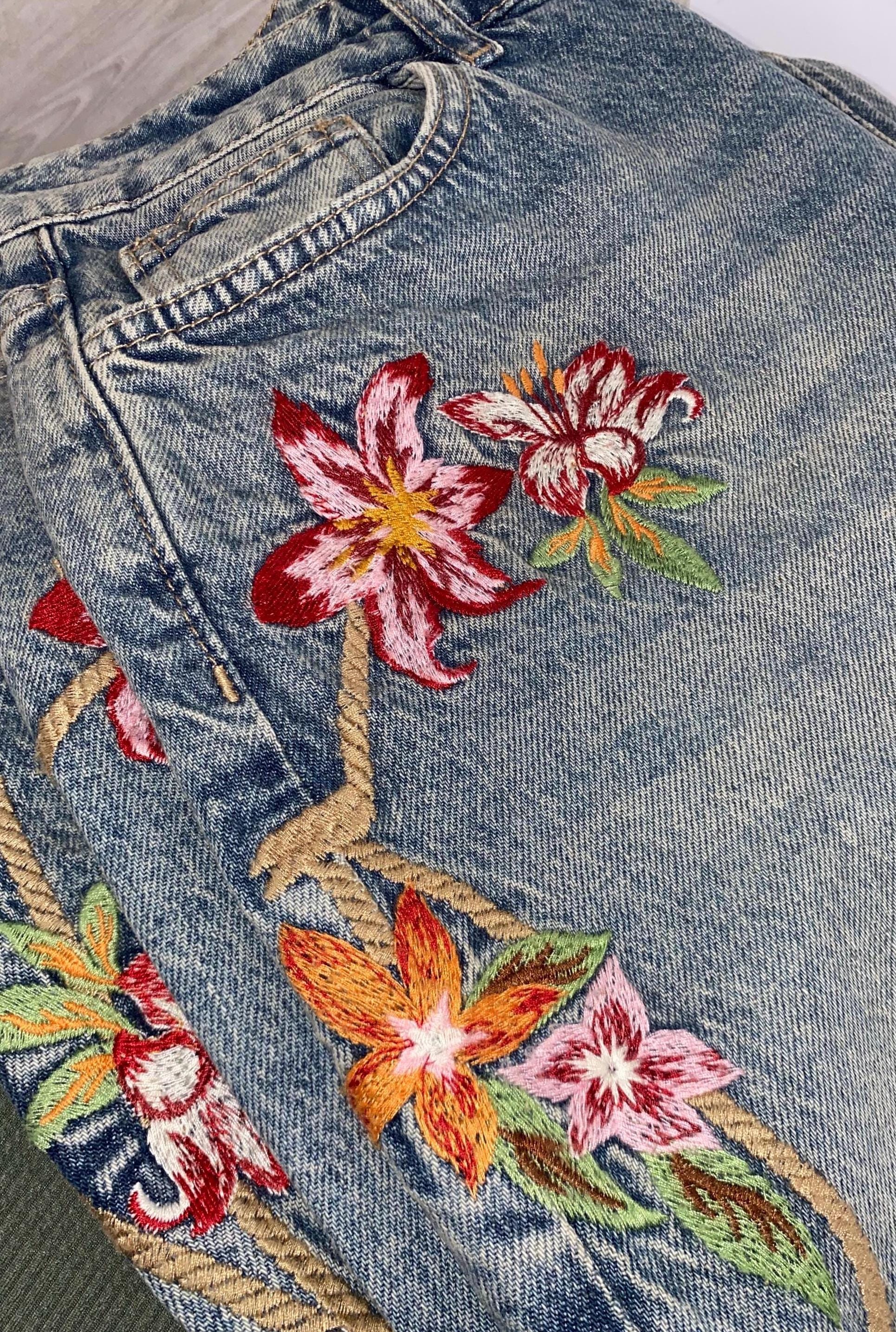 Handmade Floral Embroidered Wide Leg Jeans Boho Denim - Etsy