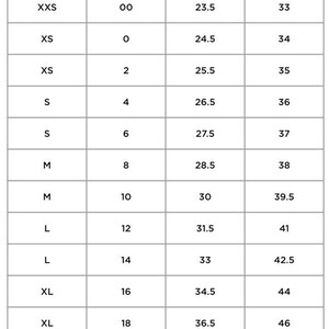 Puede incluir: Tabla de tallas para ropa de mujer, que muestra las tallas estadounidenses, las tallas num&eacute;ricas, la cintura en pulgadas y la cadera en pulgadas.