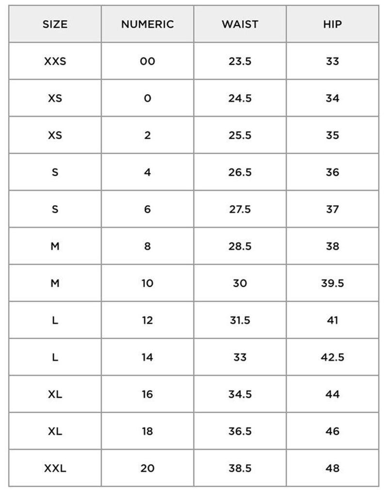 Puede incluir: Tabla de tallas para ropa de mujer, que muestra las tallas estadounidenses, las tallas num&eacute;ricas, la cintura en pulgadas y la cadera en pulgadas.