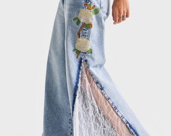 Handmade Light Blue Palazzo Jeans: Floral Lace, High Waist