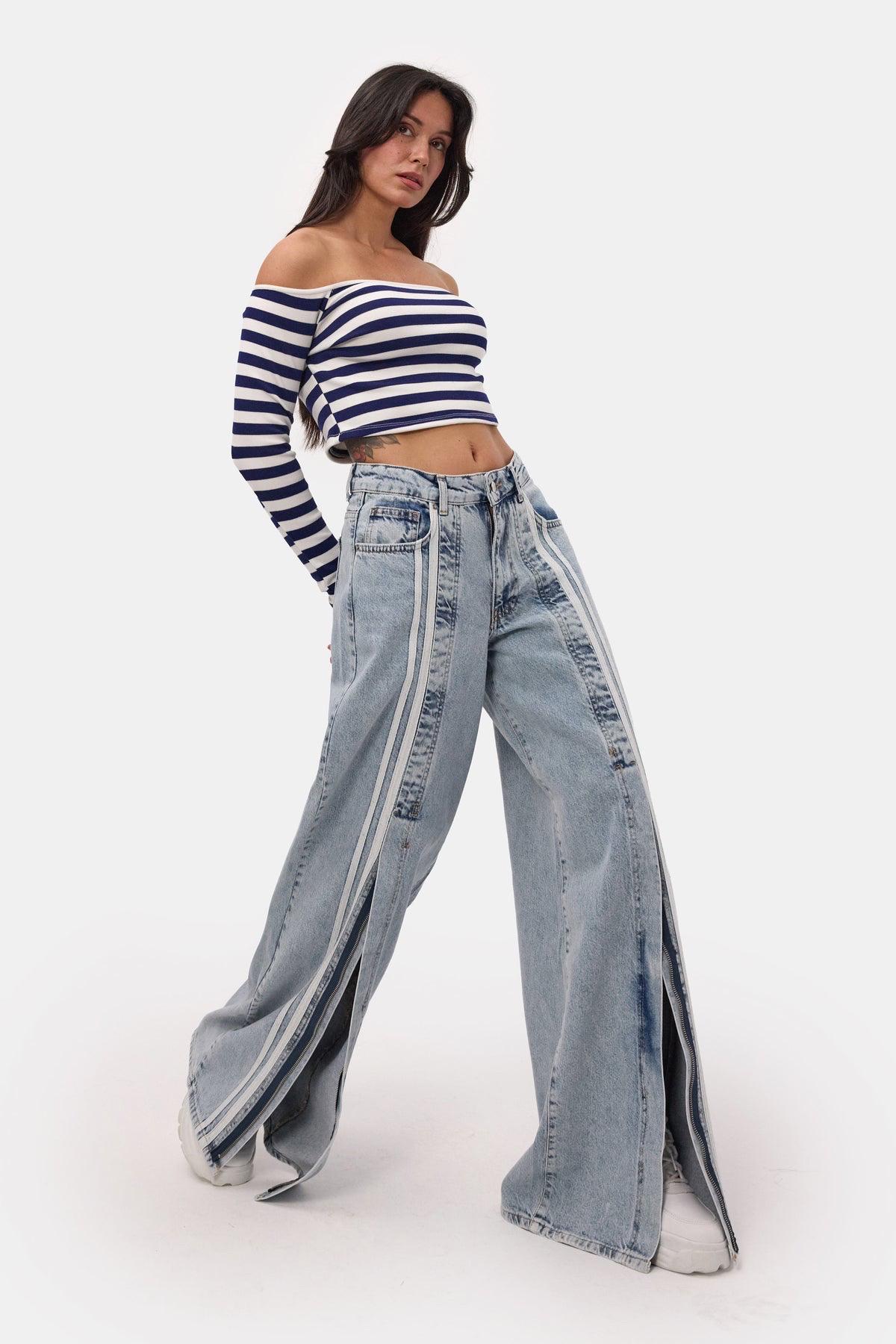 Wide Leg Zip Detail Palazzo Jeans Light Wash Y2K Streetwear Denim